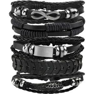 Mens womens braided leather bracelet set adjustable woven cuff wristband